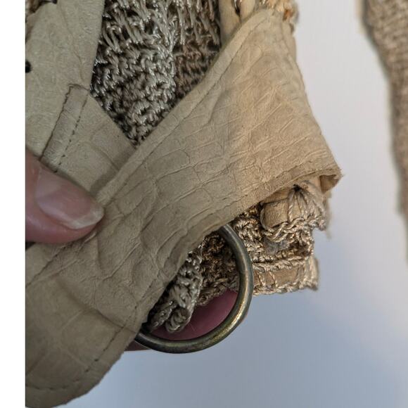 Vintage 80's Norma Canada Crochet & Leather Patch Sweater Sheer Tan SEE Measure - Picture 9 of 11